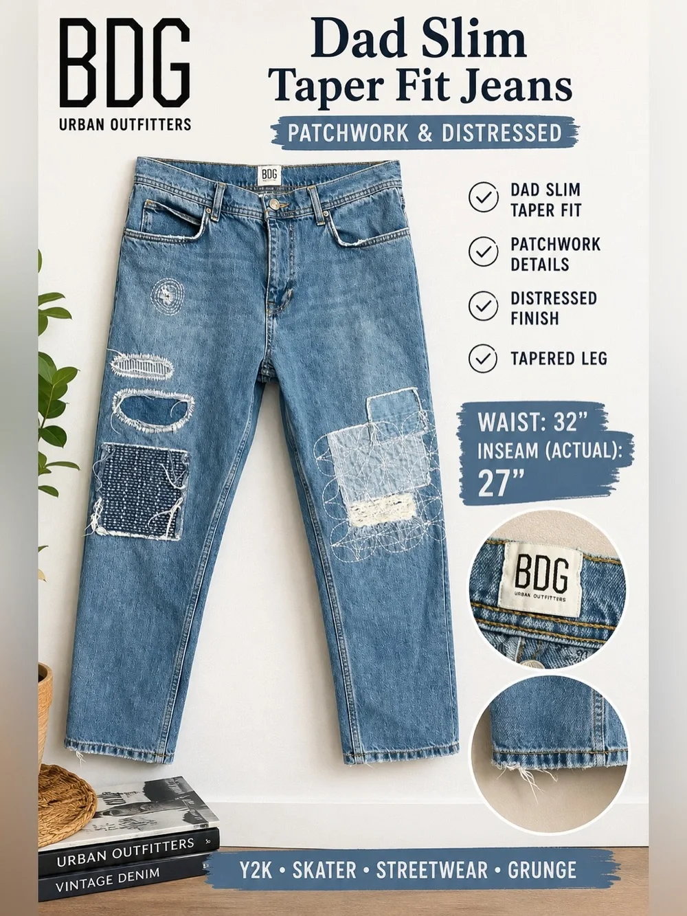BDG Urban Outfitters Dad Slim Taper Fit Patchwork Distressed Jeans 32